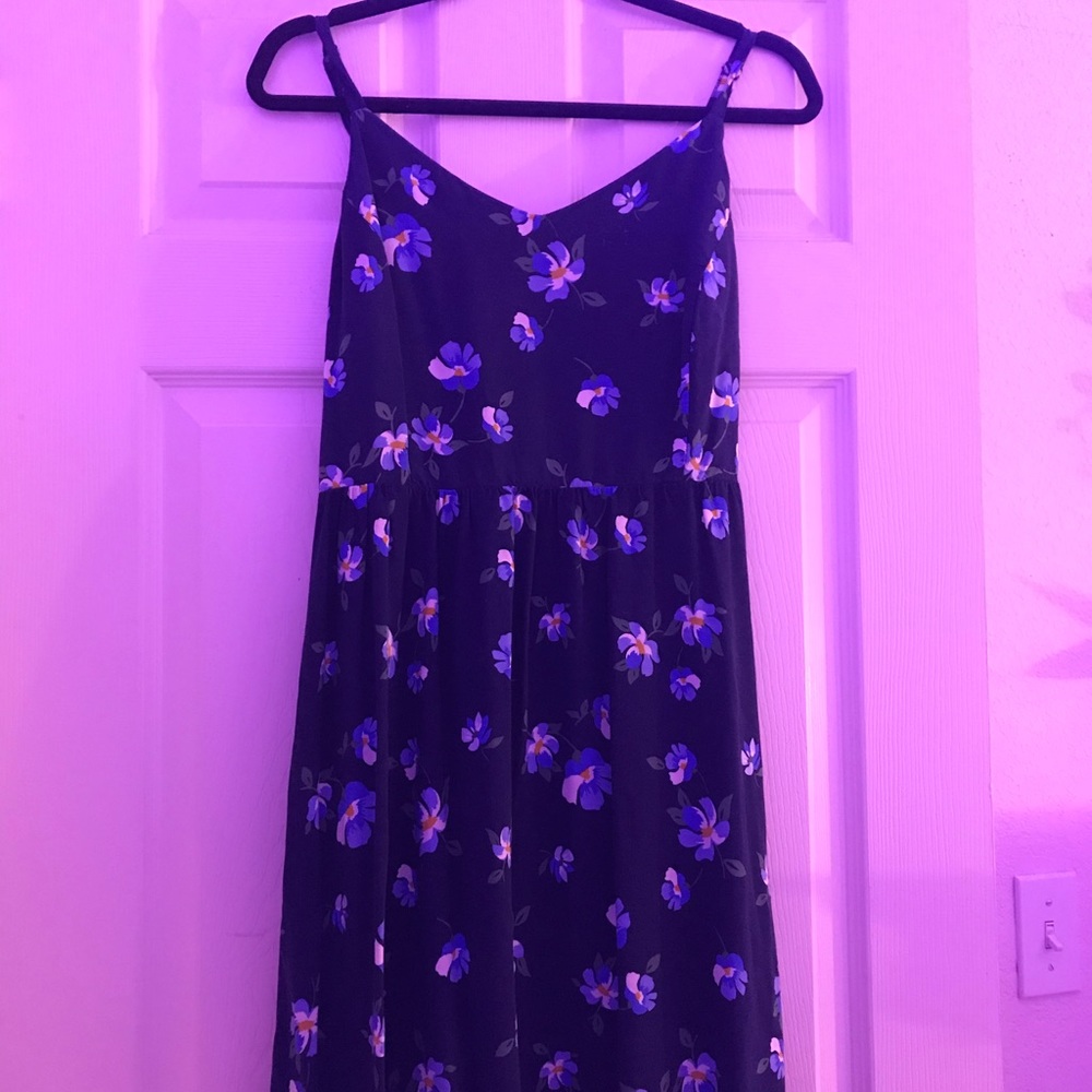 navy blue midi dress with blue and white flowers